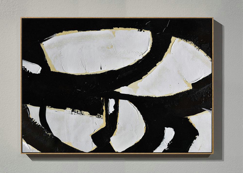 Extra Large Artwork,Horizontal Palette Knife Minimal Canvas Art Painting Black White Beige - Hand-Painted Canvas Art